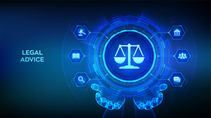 Labor law, Lawyer, Attorney at law, Legal advice concept on virtual screen. Internetlaw and cyberlaw as digital legal services or online lawyer advice. Law sign in wireframe hans. Vector illustration.