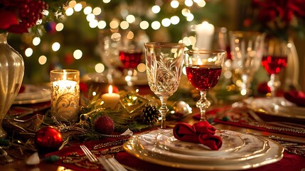 Christmas holiday dining table elegant place setting very shallow depth