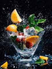 A dynamic, frozen moment captures the fusion of cocktails and liqueurs with a twist of citrus.