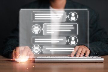 A modern depiction of a Chat GPT concept showcasing AI chatbot interaction with a human on a virtual screen, highlighting advanced technology.