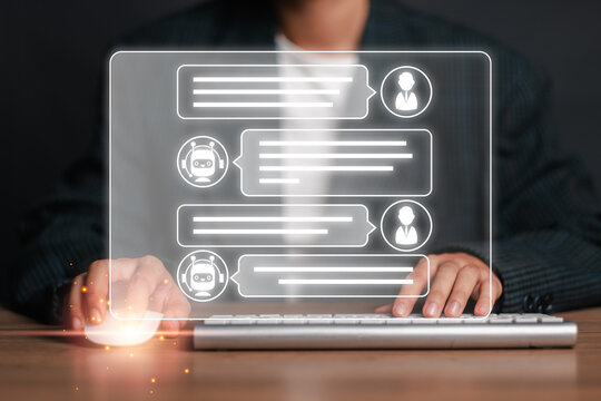 A modern depiction of a Chat GPT concept showcasing AI chatbot interaction with a human on a virtual screen, highlighting advanced technology.