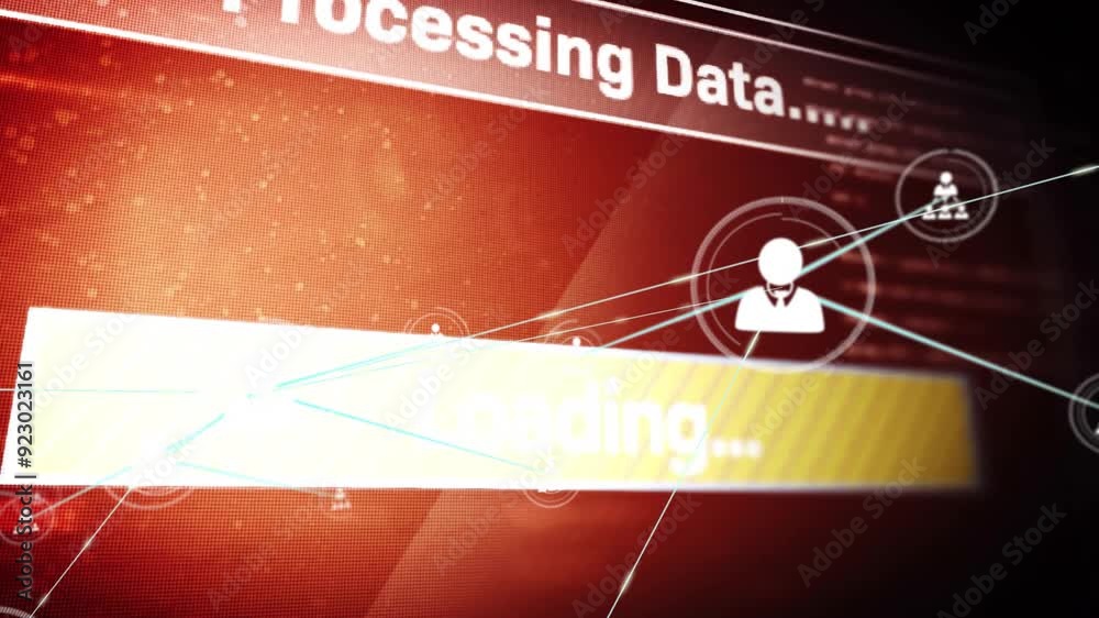 Poster processing data and loading animation over red digital interface background