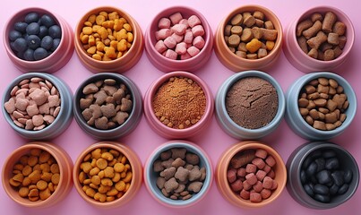 flat lay composition with pet accessories toys dry food bowl on pastel pink table pet care,training concept.