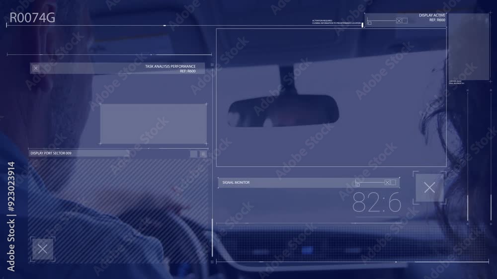 Poster driving car, digital dashboard displaying various performance metrics with animation