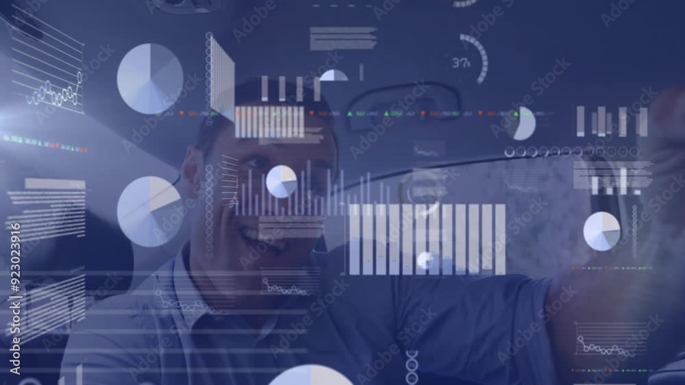 Poster driving car, man with data analytics and graphs animation in background