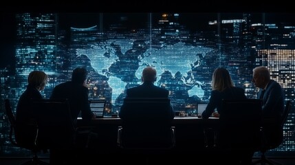A group of professionals discussing global strategies in a modern conference room with digital maps and data displays.