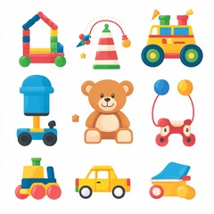 Obraz premium 240805 106. A simple vector icon illustration depicting the group of childhood toys at center for a website isolated white background with teddy bear building blocks rocking horse toy car doll jump