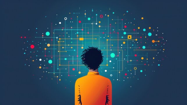 Meaning, person finding meaning in a complex diagram, flat design illustration