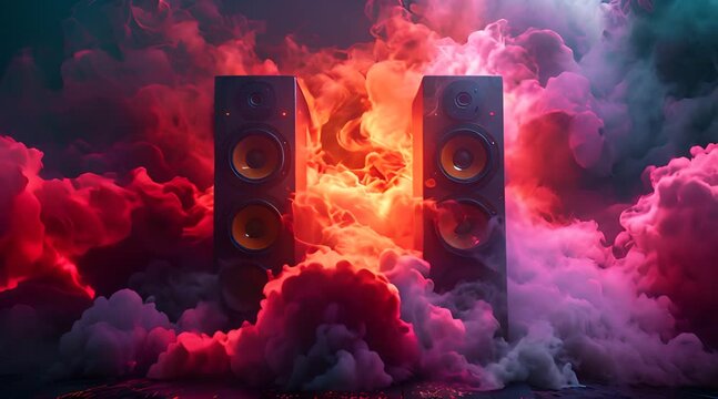 Audio speakers surrounded by red, purple, and blue smoke.