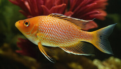 A vibrant orange and white fish with black stripes swims in an aquarium.