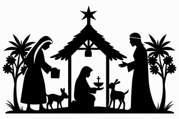 Nativity Scene black Silhouettes,Nativity scene silhouette Jesus in manger, shepherd and wise men. Christmas story Mary Joseph and baby Jesus in nursery. silhouette nativity scene night