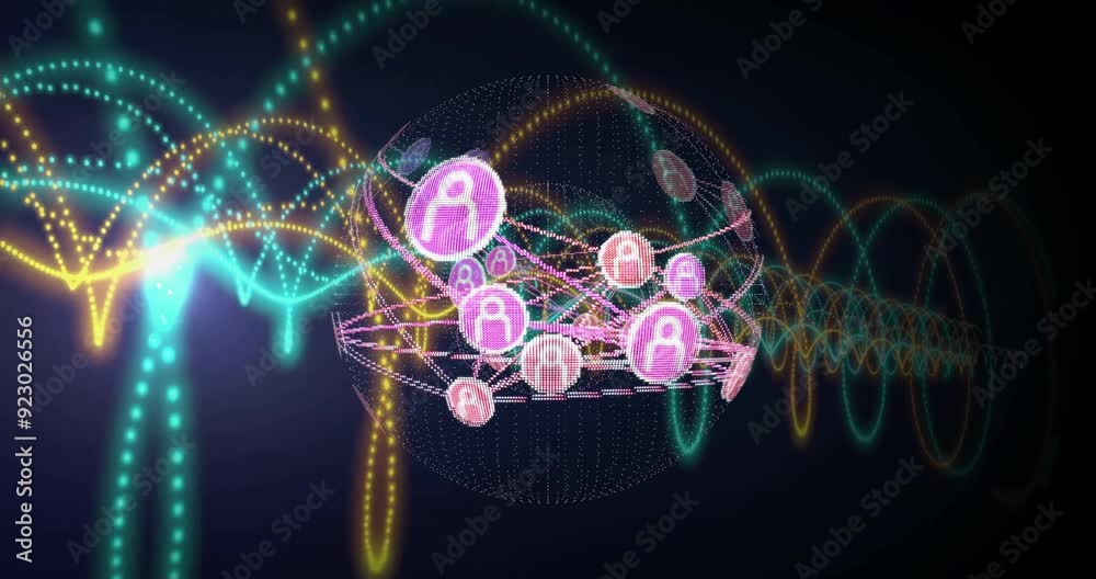 Poster animating network connections and data processing over colorful waveforms