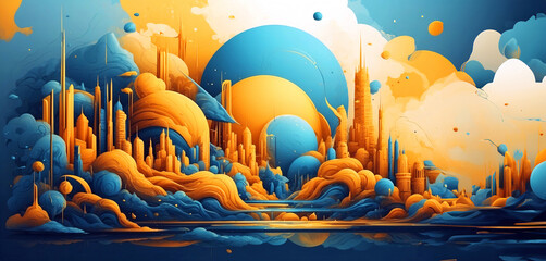 Obraz premium Vibrant Abstract Wave of Smart City with Multilayered Color Texture and Digital Elements - Global Technology and Social Network Concept for Web Banner Design