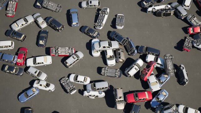 Cars fall from the sky and tumble like toys.
