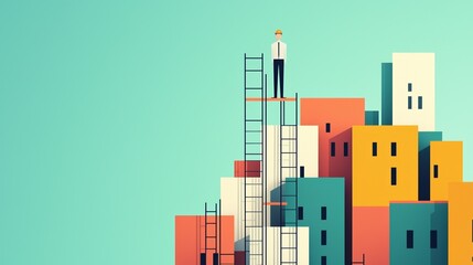 A person standing atop a ladder, overlooking colorful buildings, symbolizing ambition and personal growth in a modern landscape.