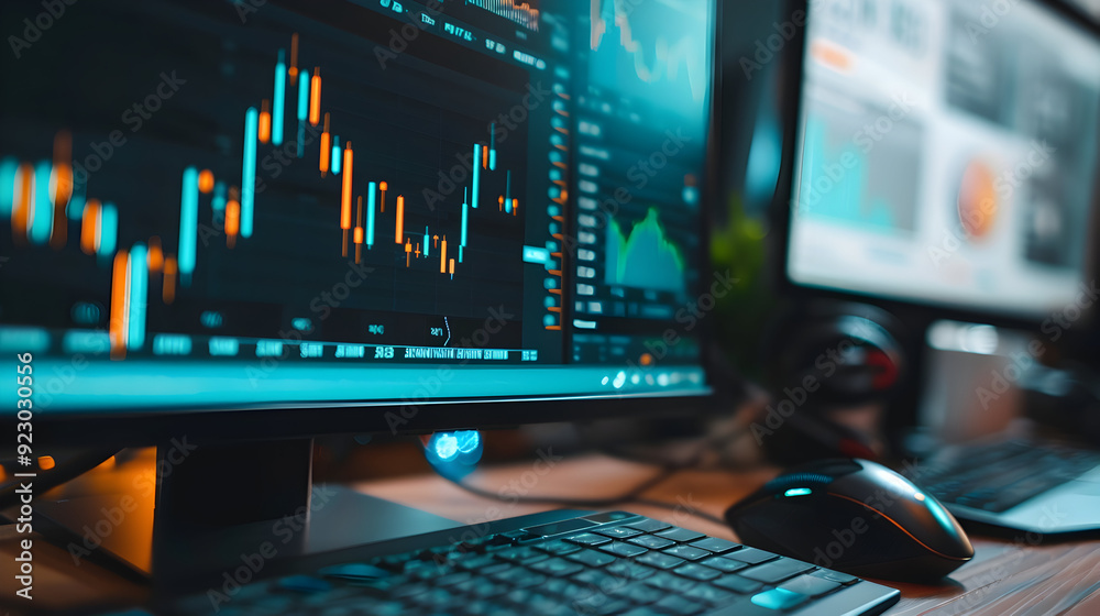 Poster businessman planning invest project target indicator computer mouse keyboard rising graph background