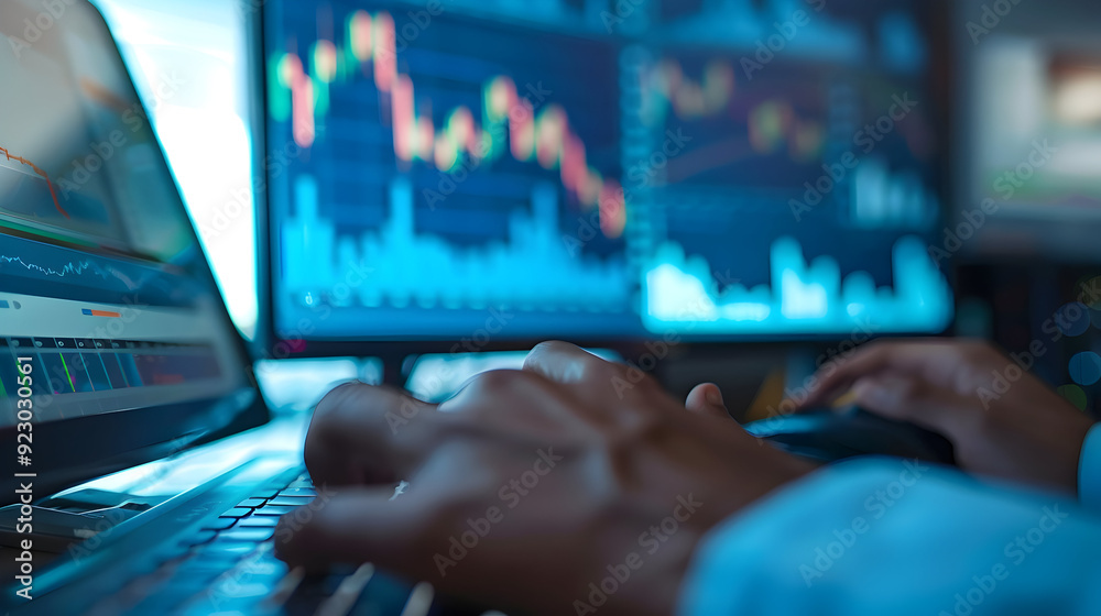 Poster businessman planning invest project target indicator computer mouse keyboard rising graph background