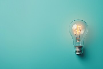 A light bulb is lit up on a blue background. The light bulb is the main focus of the image, and it creates a sense of brightness and illumination. The blue background adds a calming