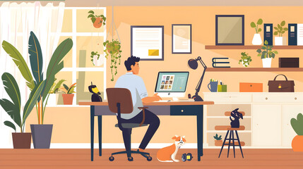 Businessman having video call indoors at home, everyday life and home office with child concept.
