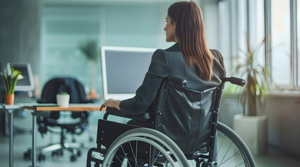 Businesswoman in wheelchair at the desk in her office.