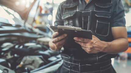 Obraz premium Car mechanic holding clipboard and checking to maintenance vehicle by customer claim order in auto repair shop garage. Engine repair service. People occupation and business job. Automobile technician