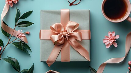happy father s day concept top view flat lay vintage gift box with ribbon bow coffee cup glasses tie on blue table.