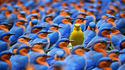 a vibrant yellow bird stands out in a crowd of identical blue birds, symbolizing individuality, uniqueness, and the courage to be different in a conformist society  