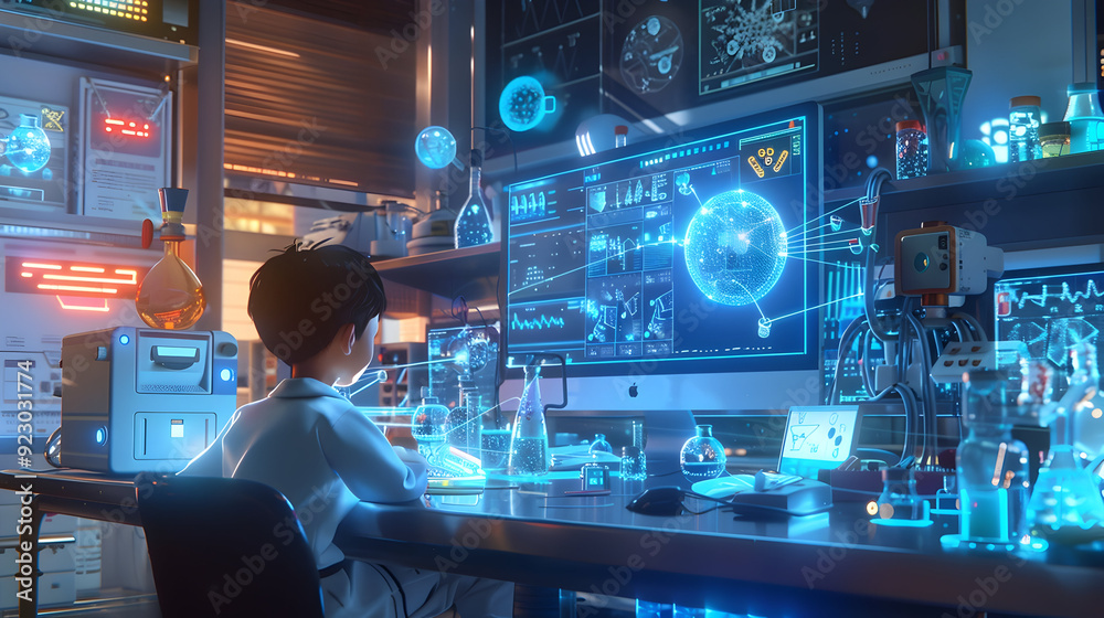 Poster design a 3d animated scene of a child scientist deeply engaged in experimentation, surrounded by int