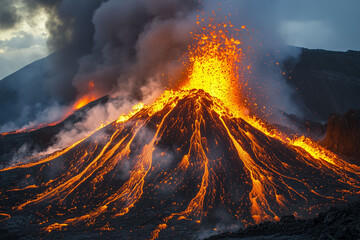 Fiery Fury: Captivating Image of an Intense Volcanic Eruption with Molten Lava Flowing