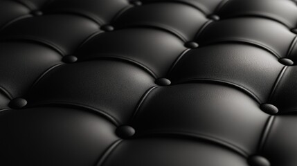 Detailed close-up of black leather upholstery with tufted buttons.