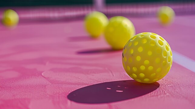 Close up of pickle plastic yellow balls on a pink pickleball court