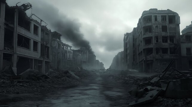 Image of a war-torn city with crumbling buildings and deserted streets, shrouded in smoke and dust.