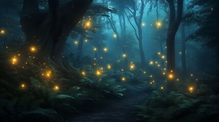 Naklejka premium Darkened forest with fireflies their ethereal glow.