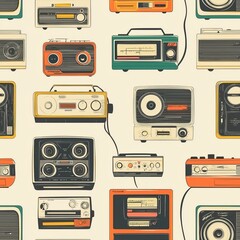 Seamless pattern of vintage radios and cassette players