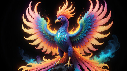 glowing phoenix rising from a kaleidoscope of neon rainbow smoke