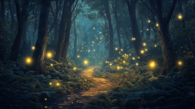 Darkened forest with fireflies their ethereal glow.