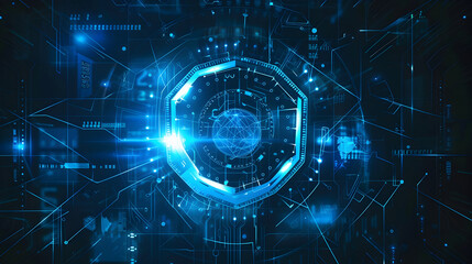 Obraz premium Futuristic cyber security shield guard blue abstract digital glowing background. Hacking technology computer network protection concept. Cybersecurity system tech sign symbol. Vector illustration