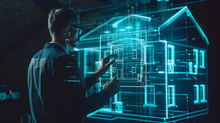 Futuristic real estate agent presenting a wireframe house hologram to a customer concluding with a digital contract agreement