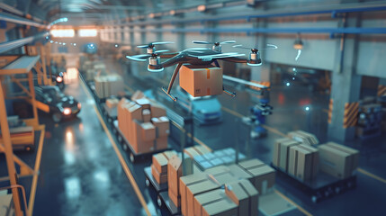Obraz premium Futuristic scene of a drone delivering a package from a warehouse to a busy automotive repair center emphasizing advanced logistical solutions