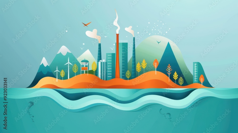 Wall mural Renewable energy technology, geothermal plants, flat design illustration