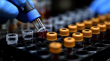 A scientist conducts blood sample analysis in a laboratory during daylight, focusing on precise measurements for testing. Generative AI