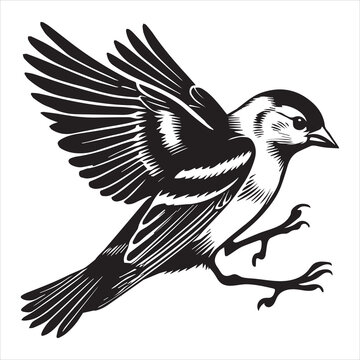 recommend clip art: American Goldfinch silhouette,  American Goldfinch mid-hop on ground Vector illustration in black and white