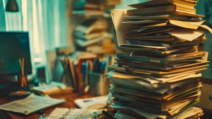 A tall stack of unorganized documents and files on a desk, capturing the chaos of a busy office environment.