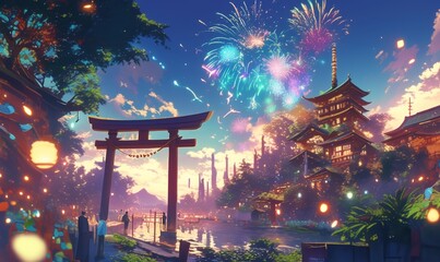 Fototapeta premium Enchanting Anime-Style Winter Wonderland: Dreamy Snowy Landscape for Spring Festival and Christmas Celebrations. Magical Japanese-Inspired Illustration with Fireworks and Cherry Blossoms. 4K Wallpaper