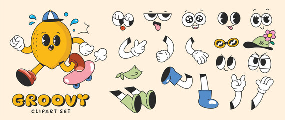 Set of 70s groovy comic faces vector. Collection of cartoon character faces, leg, hand in different emotions happy, angry, sad, cheerful. Cute retro groovy hippie illustration for decorative, sticker.