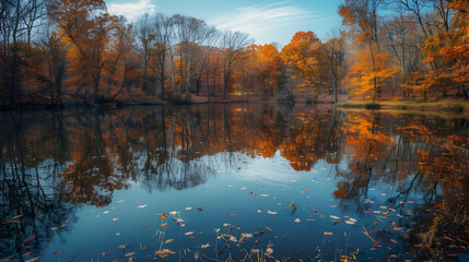 Highlight the beauty of a serene lake reflecting the surrounding trees