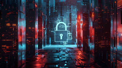 Obraz premium Emulate the intricacy of IT Security in a digital art form, focusing on a distinctive digital padlock as the central object