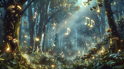 Fototapeta premium Enchanting Fairy Tale Melodies: Music Notes Floating in a Magical Fairy Tale Forest with Fairies and Mythical Creatures
