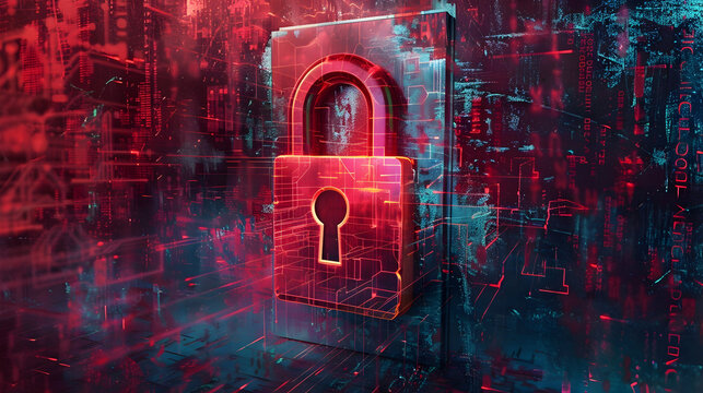 Emulate the intricacy of IT Security in a digital art form, focusing on a distinctive digital padlock as the central object