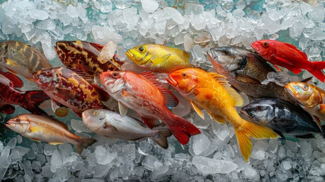 A variety of fish species neatly lined up on a bed of crushed ice, highlighting the diversity of seafood available.